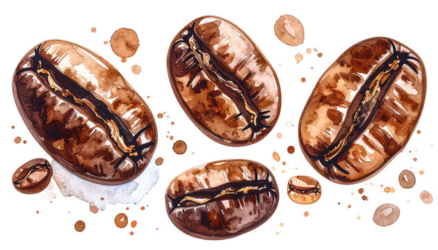 Watercolor illustration shows a cluster of roasted coffee beans and scattered brown coffee splashes on a black background