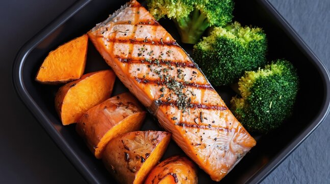 Grilled salmon steak with baked sweet potato wedges and steamed broccoli florets served in a black lunchbox. Healthy and balanced meal prep for a nutritious diet.