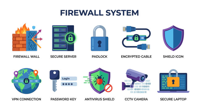 Firewall Security Icons with Server Lock VPN Shield and Surveillance Symbols