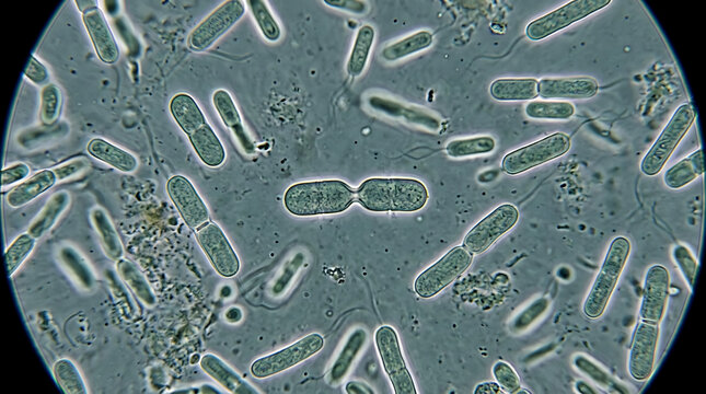 Microscopic view of various bacteria shapes and sizes on a slide