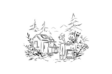 Naklejka premium Minimalist Vector of Sustainable Off-Grid Home Technology