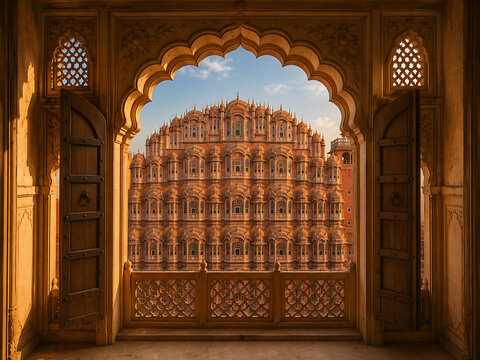 Realistic Hawa Mahal seen through traditional Jaipur arch frame  cinematic perspective