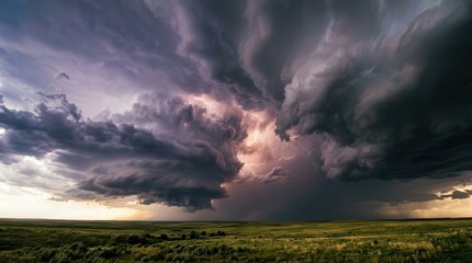 Obraz premium Dramatic Thunderstorm Approaching Over a Grassy Plains Landscape With Lightning Flashes