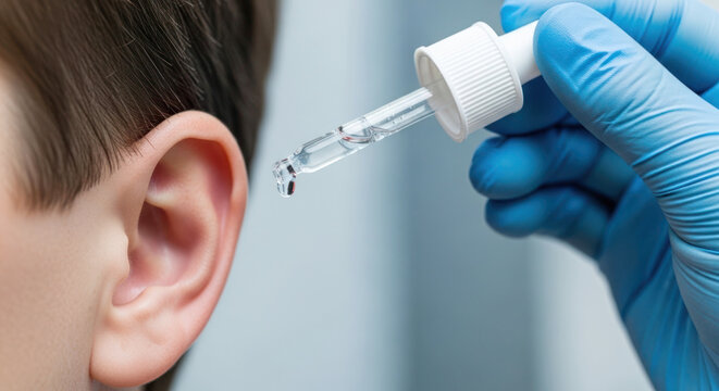 Person receiving ear drops from a dropper held by a gloved hand in a clinical setting with a blurred background