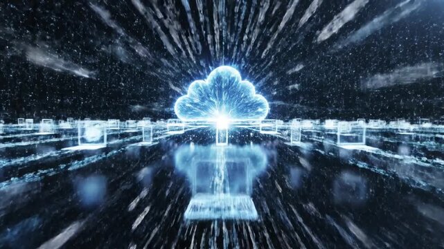 Futuristic blue data center server room with cloud computing icon