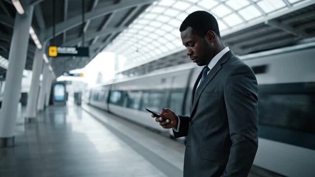 African American Businessman Checking Watch and Smartphone at Modern Train Station Platform with Transit
