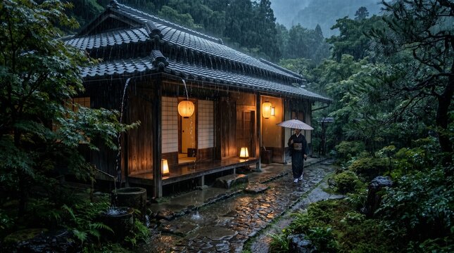 Traditional Japanese house during rainy season, rain falling on tiled roof.