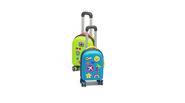 Loopable 3D animation. Two cute kawaii suitcases, blue and green, float and rotate in the air. Cartoon luggage decorated with colorful stickers. Handles lower and rise on landing. Travel and tourism.
