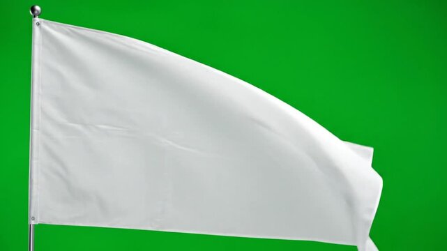 White flag waving in the wind against a vibrant green background demonstrating surrender, defeat, or truce