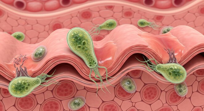 Giardia lamblia parasites on intestinal wall, protozoan infection