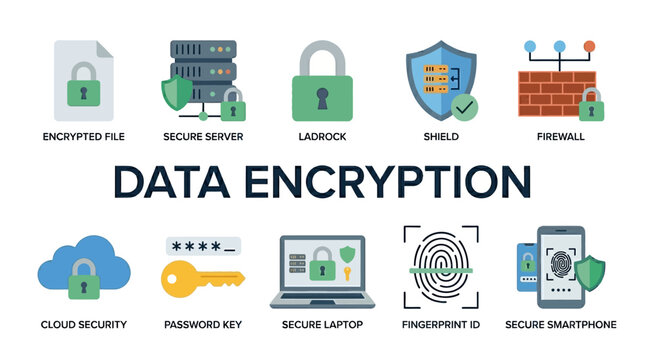 Data Encryption Security Symbols with Lock Server Firewall Cloud and Biometric Access