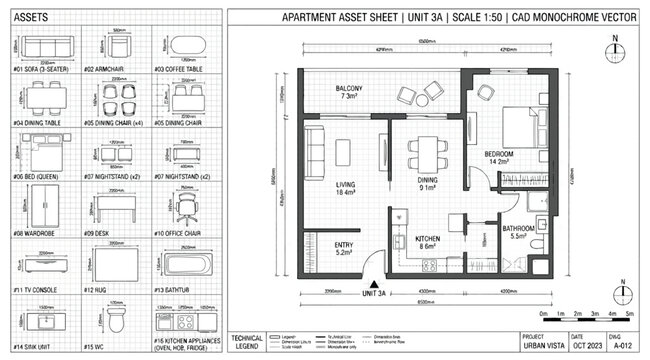 Apartment asset sheet and unit 3a floor plan technical drawing