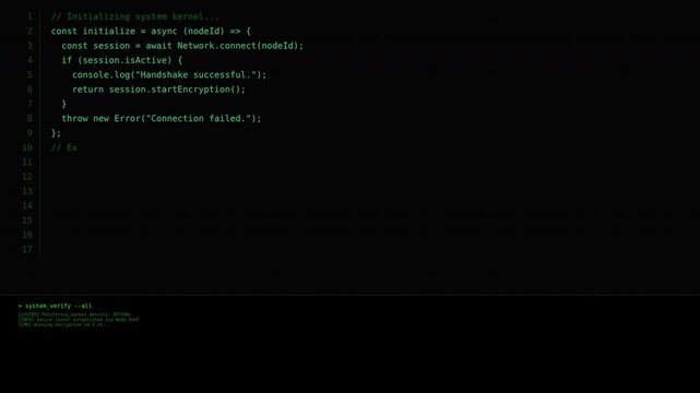 A dark screen with green text displaying code snippets related to network configuration, including IP addresses, protocols, and return statements