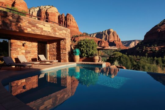 Luxury home with infinity pool overlooks red rock desert landscape. Red stone house features lounge chairs. Desert panorama offers serene outdoor retreat.