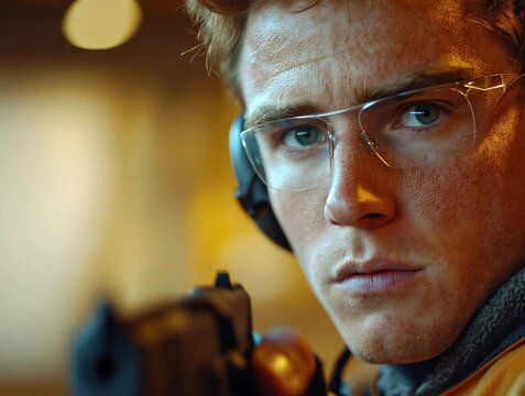 Young man in protective eyewear and earmuffs aims handgun with focused intensity at indoor shooting range.