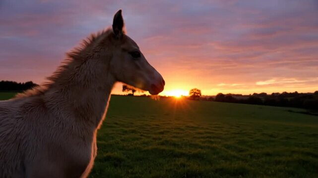 Graceful foal standing in field at sunset with sun setting over rolling green hills and trees in nature