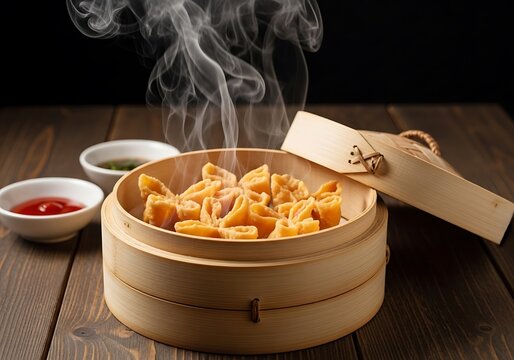 Steaming crab rangoon in bamboo steamer with dipping sauces on wooden table. crab rangoon