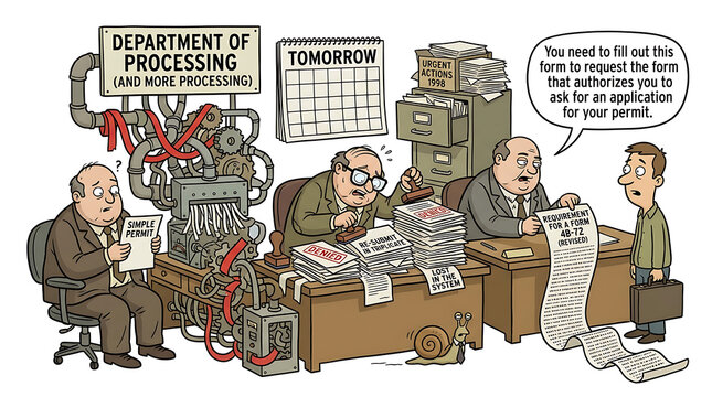 Businessmen work at desks in office with paperwork and machinery.