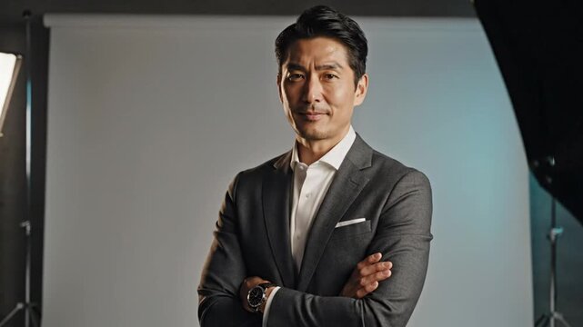 Confident Asian Businessman Posing in Studio Portrait with Arms Crossed and Smirking at the Camera