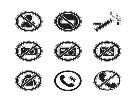Prohibited items vector illustration with no smoking, phone use, and weapons signs