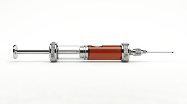 Medical syringe with dark red liquid inside isolated on white background injection medicine healthcare clinical hypodermic treatment laboratory protection wellness hospital equipment