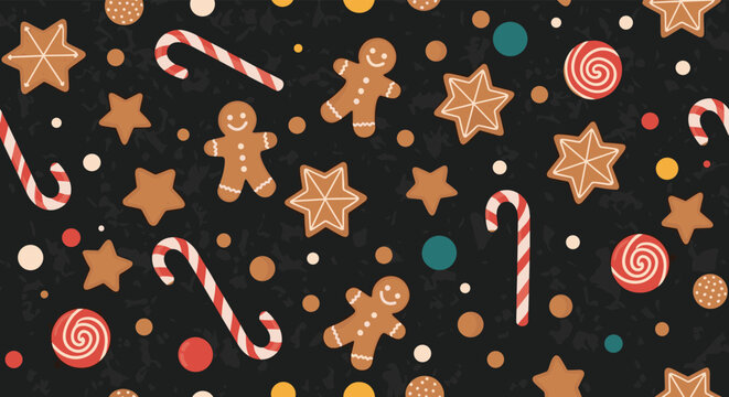Festive seamless pattern featuring gingerbread cookies, candy canes, and stars on a dark background for christmas holiday decorations.