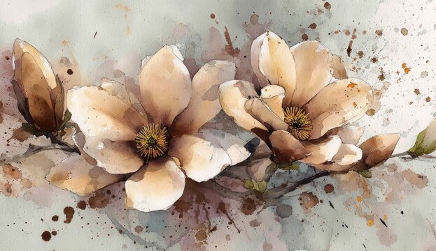 Soft watercolor depiction of magnolia blossoms in shades of cream and brown, with delicate detailing and scattered paint splatters