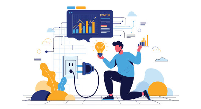 Creative man connecting a power plug while holding a glowing lightbulb to symbolize innovation, inspiration, and energy solutions.