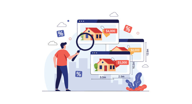 Real estate seeker using a magnifying glass to browse house listings and property prices on multiple website windows online.