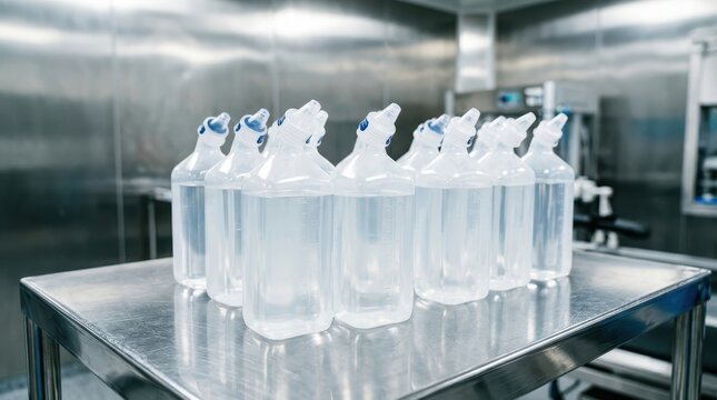 Cluster of sterile saline solution bottles ready for medical use in a clean facility
