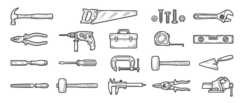 Comprehensive collection of various hand tools and construction equipment, rendered in a detailed vintage engraving style