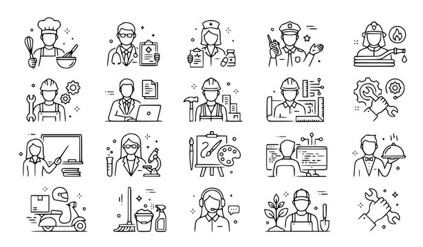 Work and professions line icons set avatars characters vector