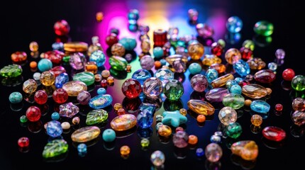 Fototapeta premium A multitude of vibrant glass beads for jewelry making and crafts, scattered and shimmering with colorful reflections.