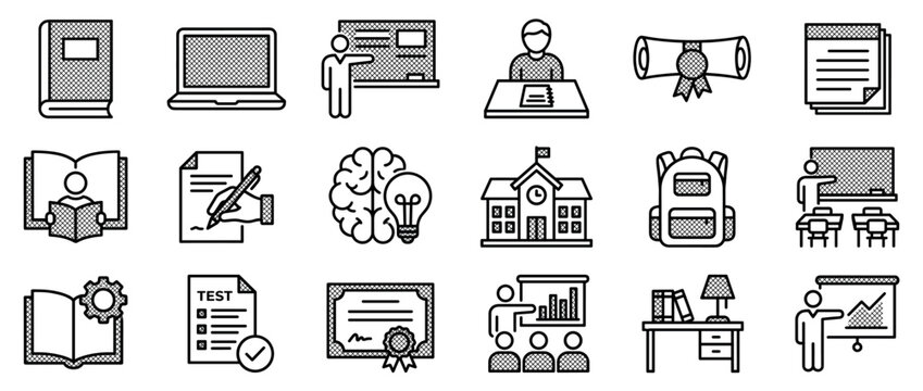 Comprehensive collection of education-themed line icons, featuring various learning symbols and school-related objects in a clean, modern style