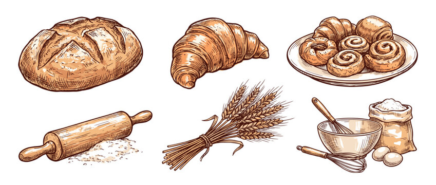 Hand-drawn sketch collection of various bakery products and baking ingredients, including bread, croissant, pastries, wheat, flour, eggs, and a rolling pin