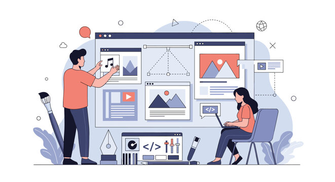Creative web designers collaborating on digital UI and UX interface layouts using laptops to build a modern interactive user experience.