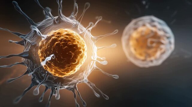 Cells move and interact under a microscope in a lab setting. Close views reveal details of their behavior and structure throughout the process.