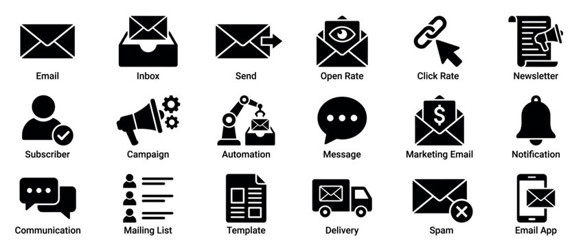 Comprehensive set of black glyph icons representing various email marketing concepts, including inbox, send, open rate, and newsletter