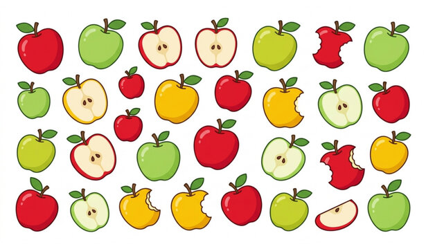 Fresh ApFresh Apple Collection Vector Illustration with Red, Green, and ple Collection Vector Illustration with Red, Green, and Yellow Apples, Whole and Sliced Fruits, and Playful Healthy Food Designs