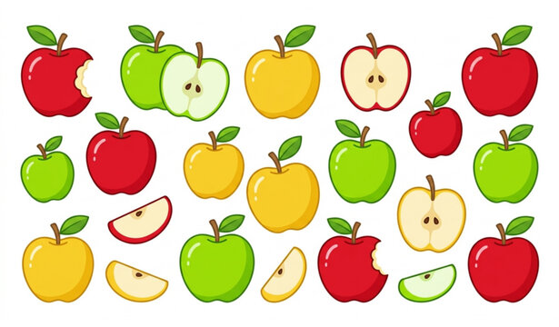 Fresh ApFresh Apple Collection Vector Illustration with Red, Green, and ple Collection Vector Illustration with Red, Green, and Yellow Apples, Whole and Sliced Fruits, and Playful Healthy Food Designs