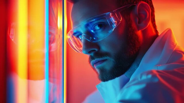 Innovative Scientist in Laboratory with Futuristic Lighting Exploring Technology and Experiments for Research Purposes. Innovative Scientist in Laboratory. Generative AI