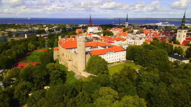 Aerial Perspective of Toompea Castle, Its Long Hermann Tower and Tallinn's Historic Old Town