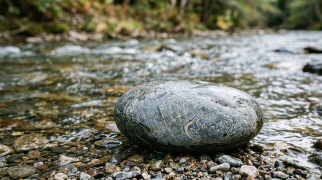 A smooth grey stone rests in a shallow riverbed with flowing water and a blurred forest background