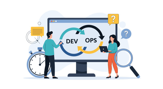 Software developers standing near a monitor with a DevOps icon to represent continuous integration and collaboration in technology.