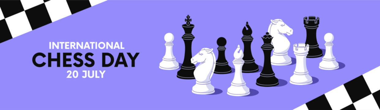 International Chess Day banner design with figures. Template with board game pieces and chessboard. Layout with different chessmen- night, king, pawn, rook, bishop, queen. Flat vector illustration