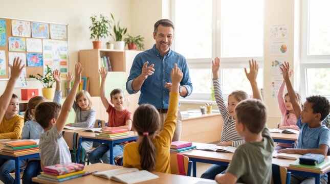 Male teacher engages with students in classroom, children raising hands for participation