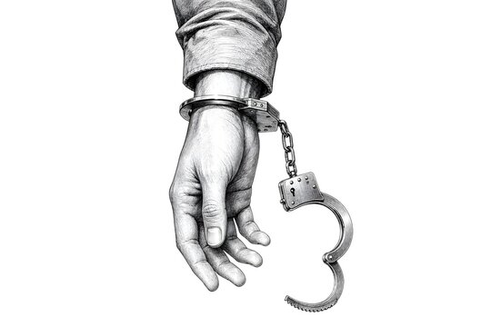 Handcuffs illustration hand drawn prisoner hand with open handcuff sketch isolated on white background