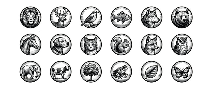 Collection of various animal and nature icons in a detailed vintage woodcut style, featuring diverse wildlife and natural elements