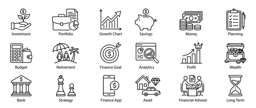 Comprehensive collection of finance and investment line icons, depicting various financial concepts with clear outlines