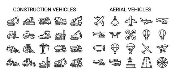 Fototapeta premium Various black line icons representing construction and aerial vehicles, presented in a clean, modern style
